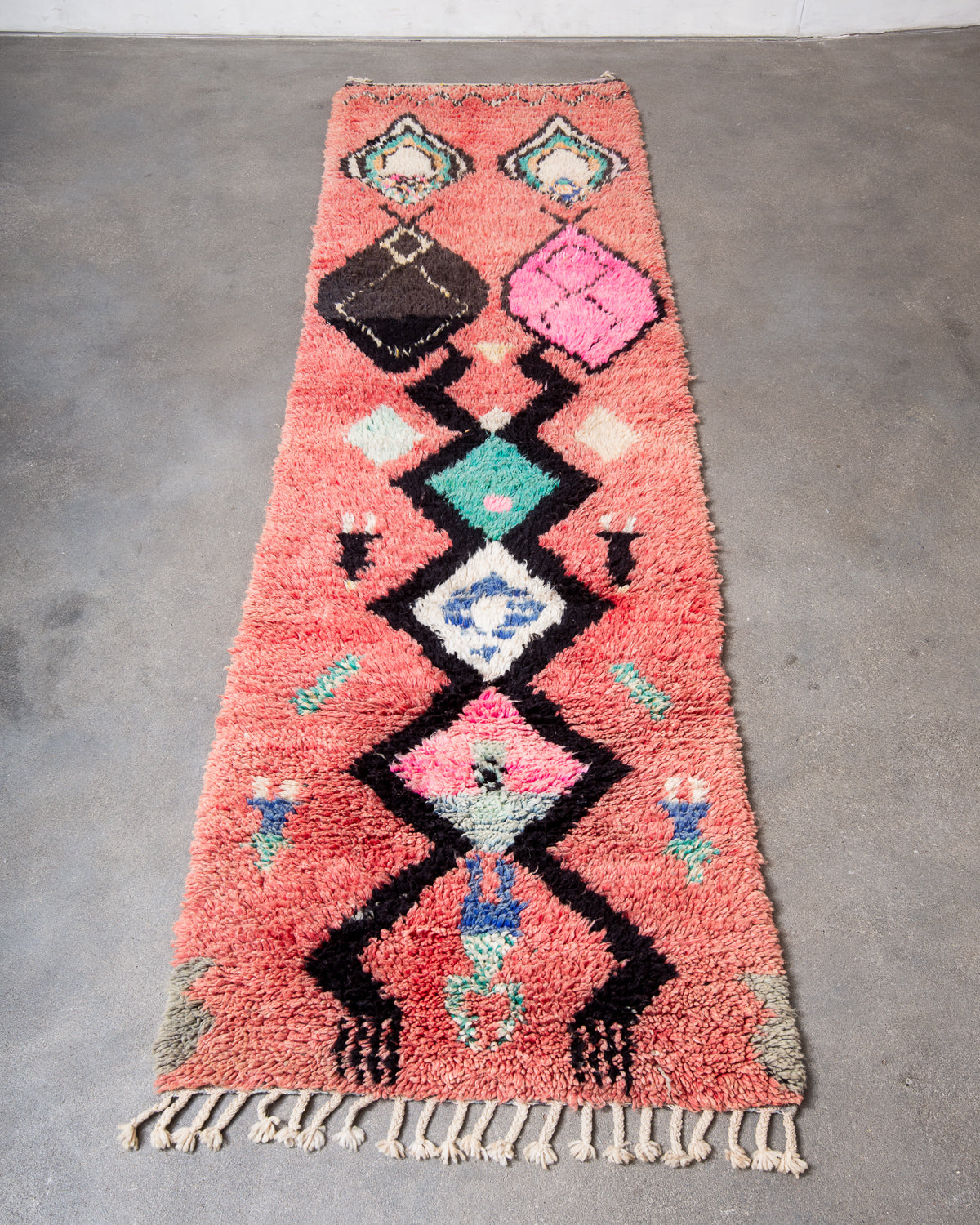 Modern, designer, handcrafted Berber runner rug from Morocco. Vintage carpet with beautiful colours and patterns and fluffy texture